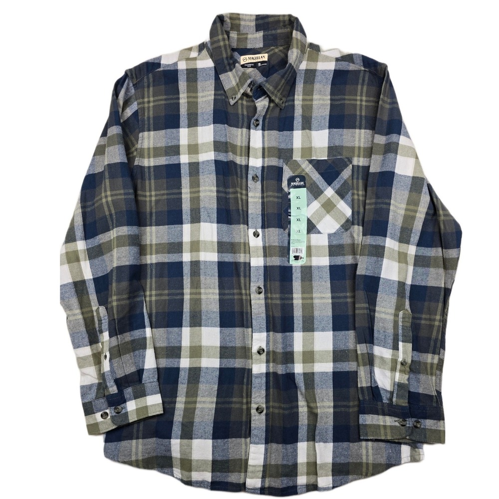 Magellan Outdoors Flannel Shirt Mens XL Green Blue Plaid LS Canyon Creek NEW